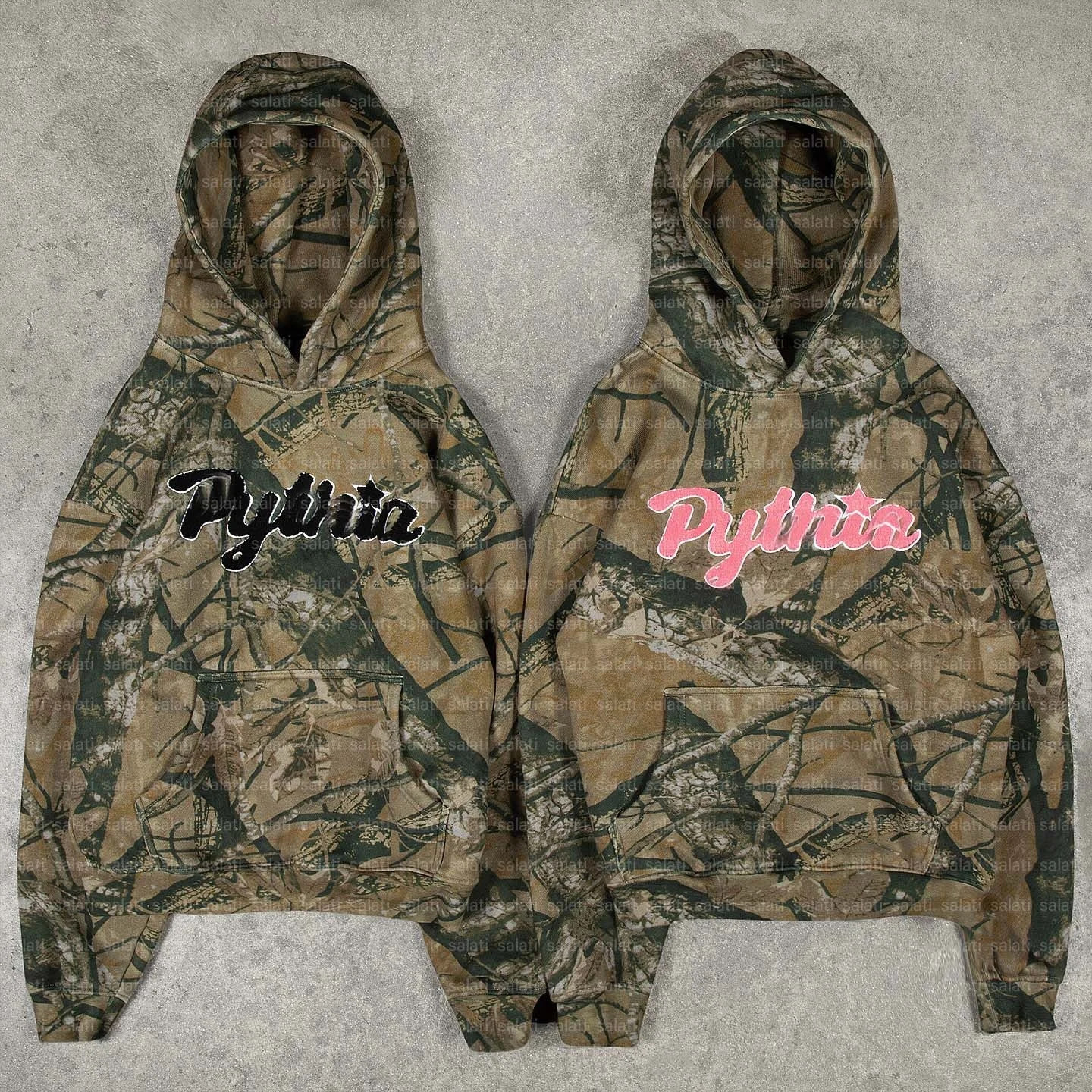 Salati Men Sweatshirts Boxy Baggy Pullover Dig Print Stitching Patch Chenille Embroidery Real Tree Camouflage Camo Hoodie Unisex