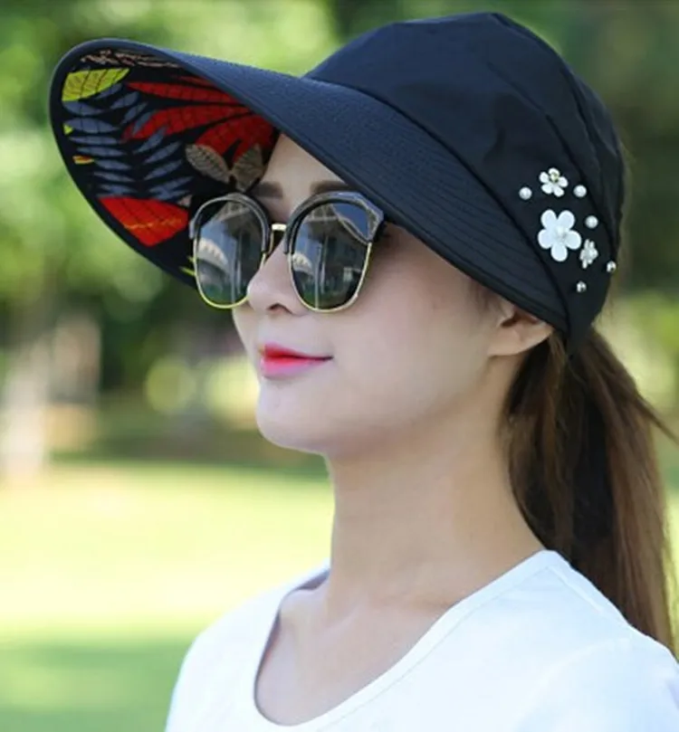 Summer Hats Beach Women Sun UV Protection Pearl Sun Visor Hat Wide Brim Caps 