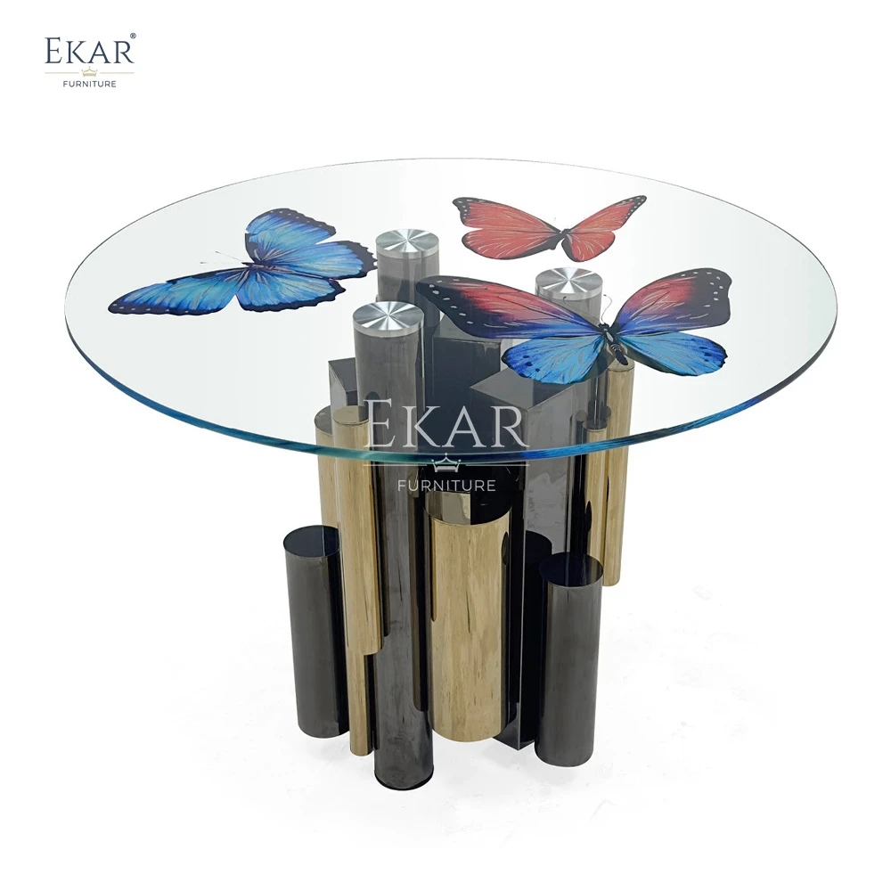 Massiewe Hout Handwerker Butterfly Glas ronde eetkamer tafel Moderne Elegante stel vir die huis of kantoor Stylvolle vir hotel of toegang gebruik