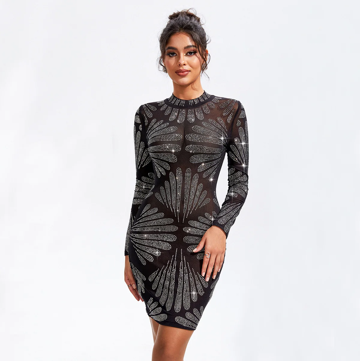 Hot Drilling Party Club Night Out Dress Long Sleeve Rhinestone Sheer Mesh  Bodycon Dress