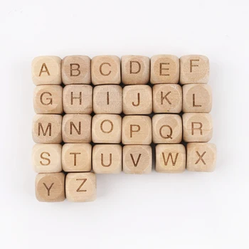 12mm Personalized Name Baby Teething Beads Wooden Beech Cube Alphabet Letter Beads