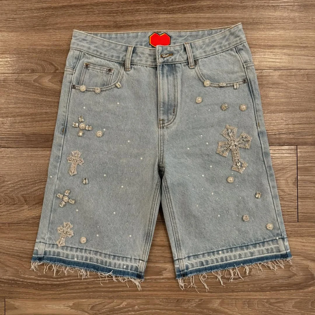 Výrobce džínu, streetwear, individuální džínsové kraťasy z 100 % bavlny, retro kyselinové praní, digitální potisk DTG, kryštalové kamínky, horkovou opravou připevněné kryštalové kamínky
