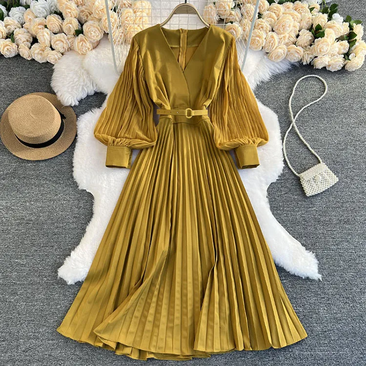 Spring Pure Color Lantern Sleeve V Neck Dresses With Belt Pleated Dress ...