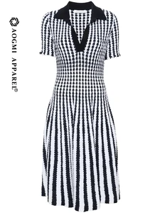 AOGMI Haute Couture Fashion Ladies Retro Contrast Short-Cuff Striped 100% Cotton A-Line Summer Maxi Dress