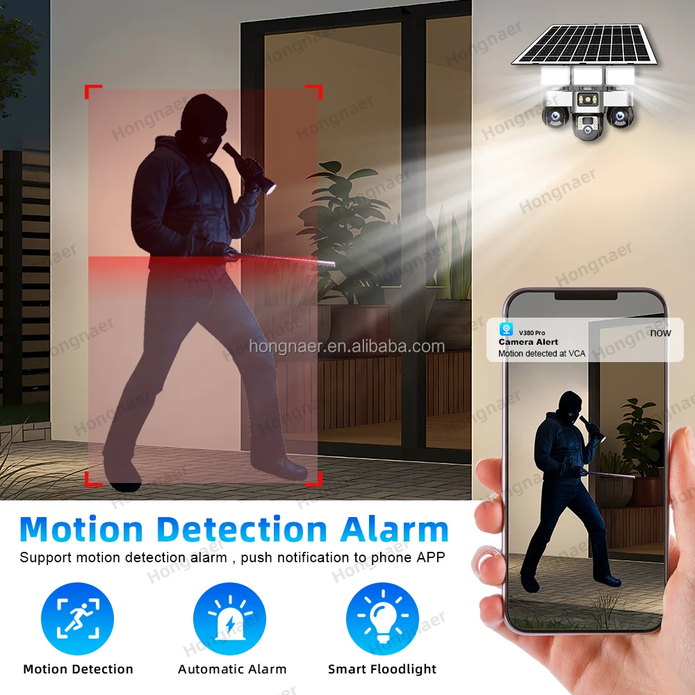 Hongnaer 6MP 3 Video 3 Lens Wireless Solar Panel Powered CCTV PTZ Camera V380 Pro Outdoor WiFi 4G Sim Card Solar Security Camera