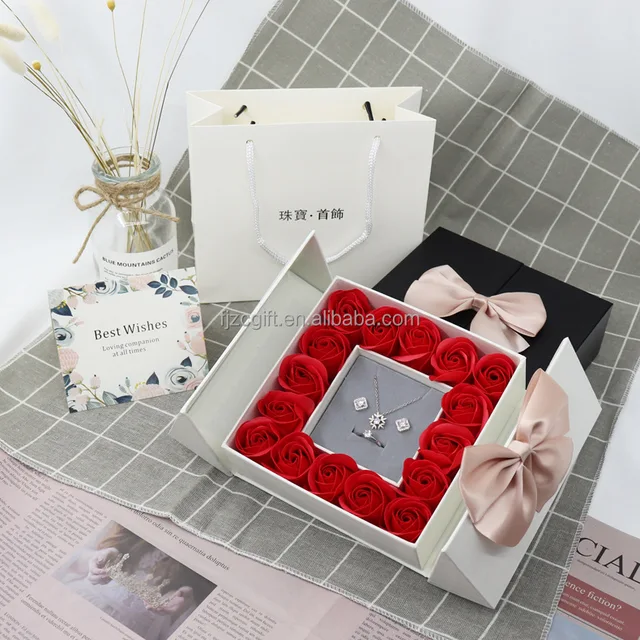 New Valentine's Day Elegant 16 Rose Design Double Door Jewelry Rose Flower In Box For Packaging Necklaces Earrings Rings