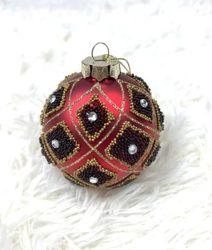 80mm Red Glass Ornaments Decorative Hanging Christmas Bauble Hand-painted With Bead Decoration Christmas Glass Balls
