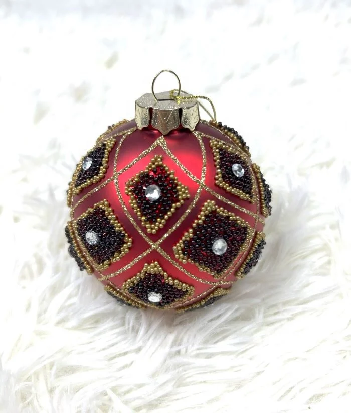 80mm Red Glass Ornaments Decorative Hanging Christmas Bauble Hand-painted With Bead Decoration Christmas Glass Balls