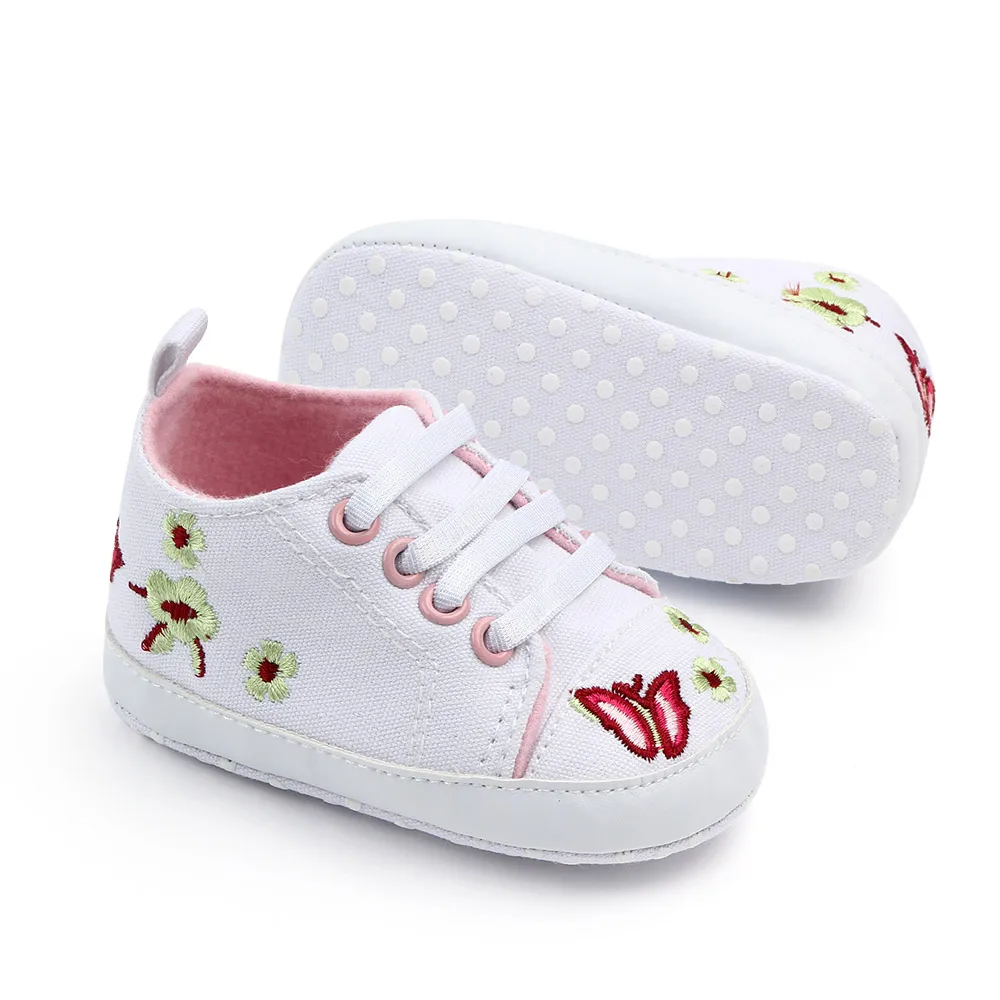 Infants Solid Color Embroidered butterfly Elastic Soft Soled Baby Canvas Walking Shoes manufacture