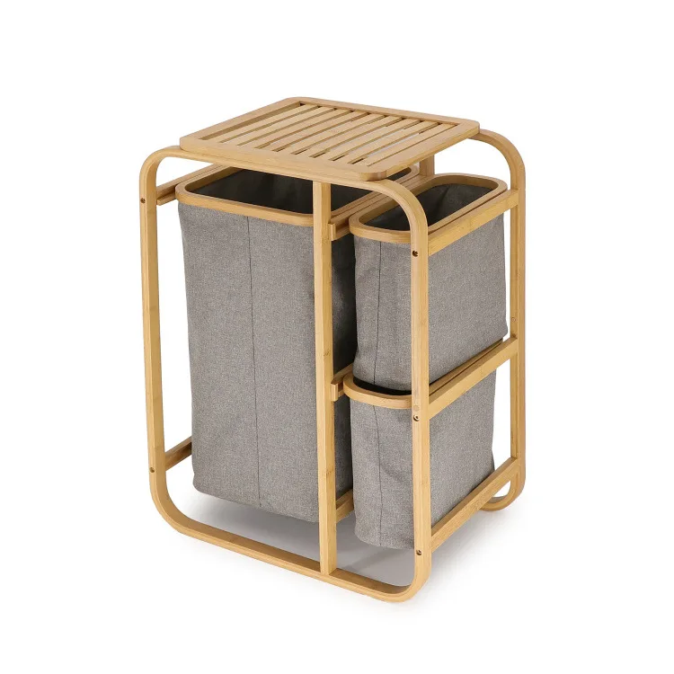Бамбуковая корзина для белья с 3 тканевыми мешками натуральный серый в ванную комнату хранения одежды Органайзер