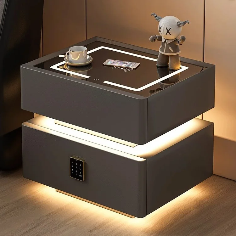Manufacturer Nightstand Smart Bedside Table for Home Use with LED Light Fingerprint Lock Wooden Bedside Table