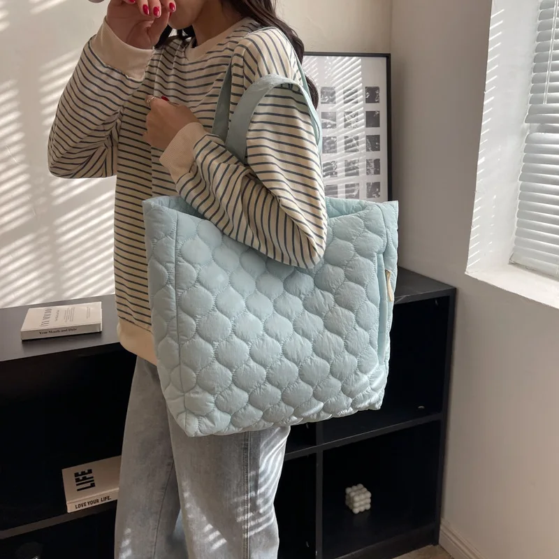 Women's Lightweight Quilted Puffer Tote Bag Cotton Padded Shoulder Handbag with Two Handles Open Closure