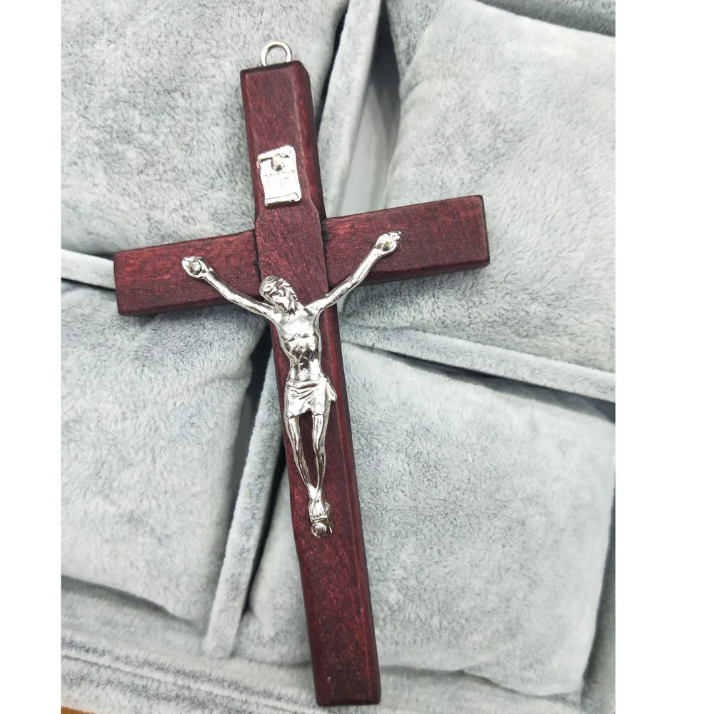 
 Wholesale Wine Red Handmade Wood Cross Religious Jesus Blessing Pendant Charms Crucifix  