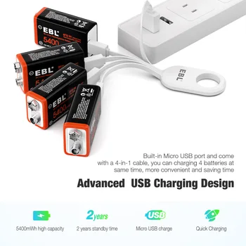 EBL 4-Pack USB Rechargeable 9V Lithium Batteries - 5400mWh With Charging Cable
