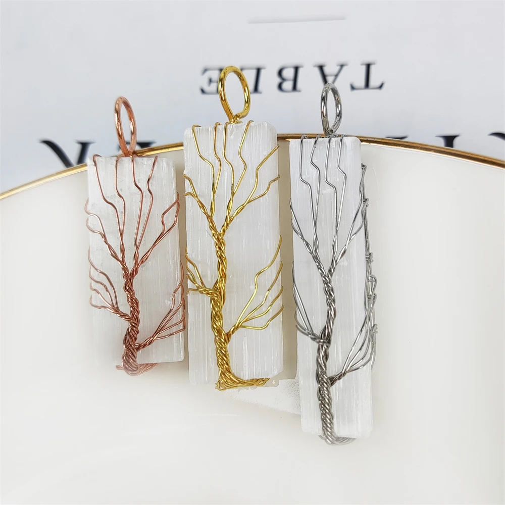 Classic Handmade Wire Wrapped Tree of Life Charm Natural Selenite Stick Pendant Necklace Gold Silver Plating Gypsum Jewelry