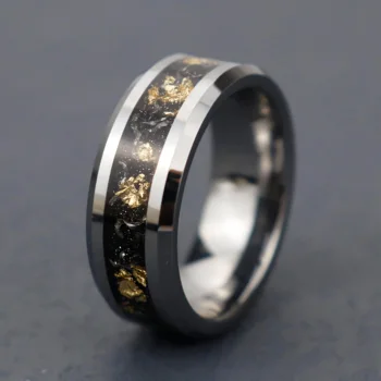 Poya 8mm Beveled Meteorite Sand Stone Gold Leaf Inlay Tungsten Rings For Men