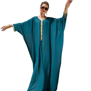 Wholesale New Style Lake Blue Knitted Cloak Muslim Robe Clothing Loose Bat Sleeve V-neck Dress