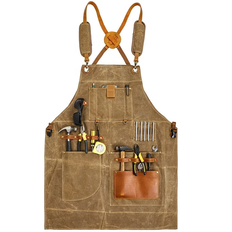 Tan Leather Work Apron With 2 Pockets - Heavy Duty, Long Ties, Unisex