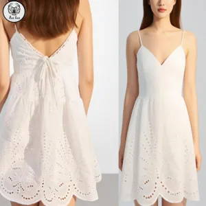 Summer White Sexy Strap Eyelet Design Sustainable Washable Sweet Style Lace Ruched Patterns Decorated Mini Dress  for Vacations