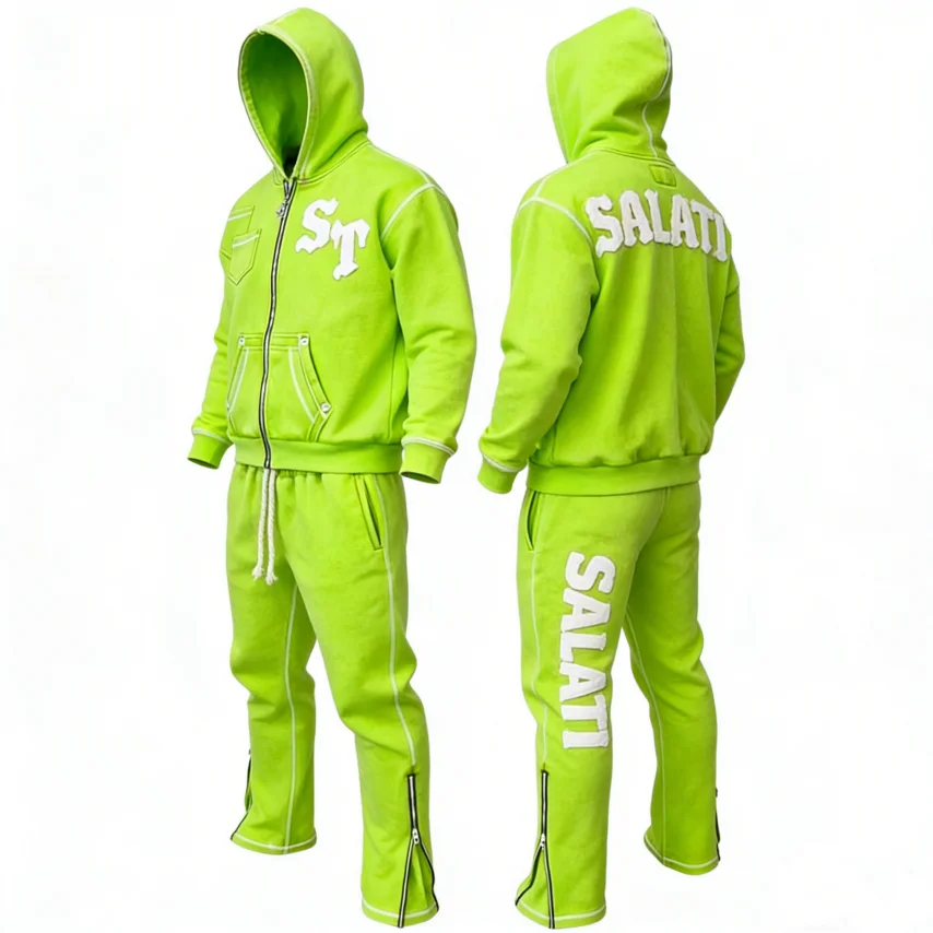 SALATI OEM Acid Wash Vintage Applique Letter Tracksuit Men Streetwear Distressed Patchwork Hoodie and Sweatpants Set Sweatsuit gallery 2