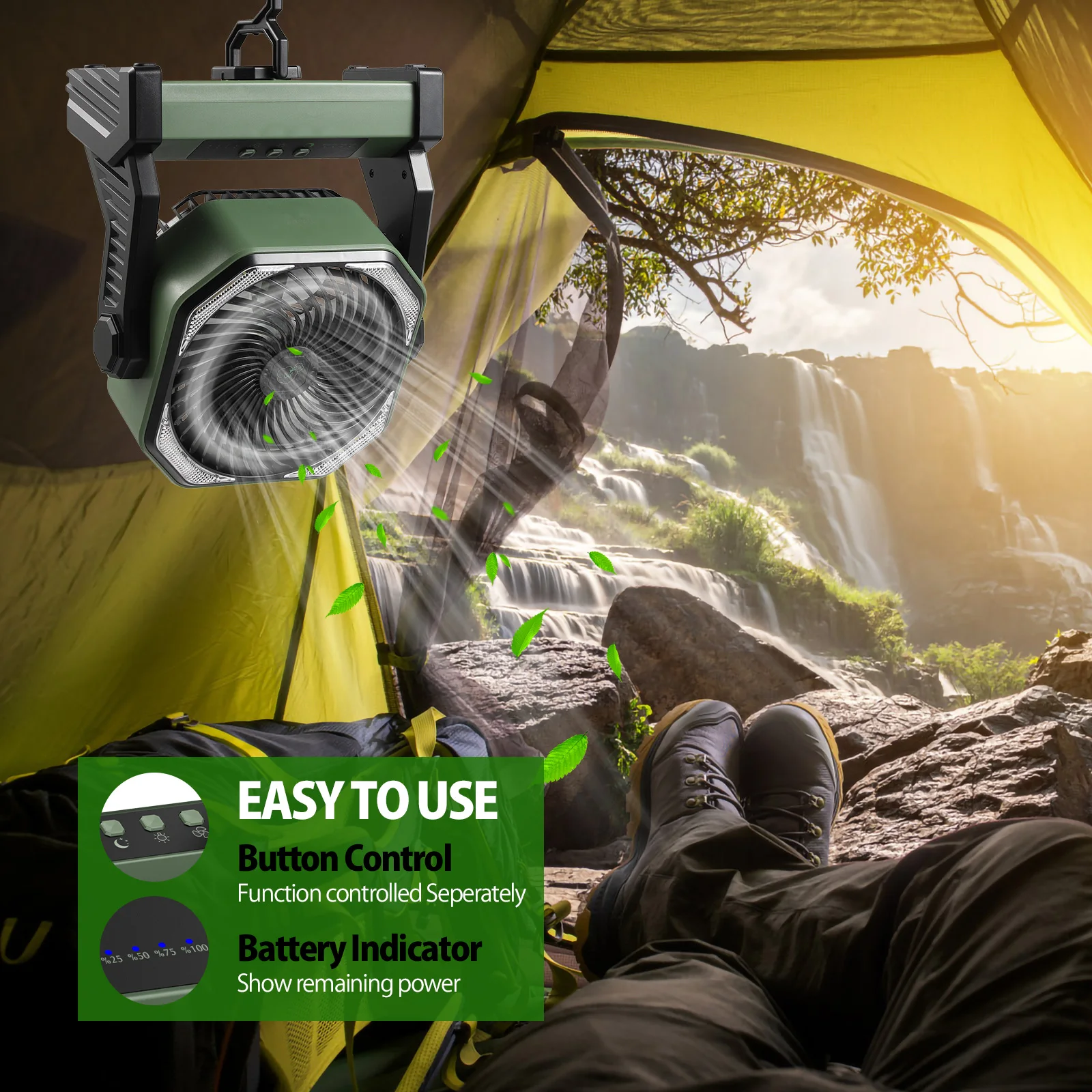 Camping Fan With Led Lantern 8 Inch 20000mah Rechargeable Battery