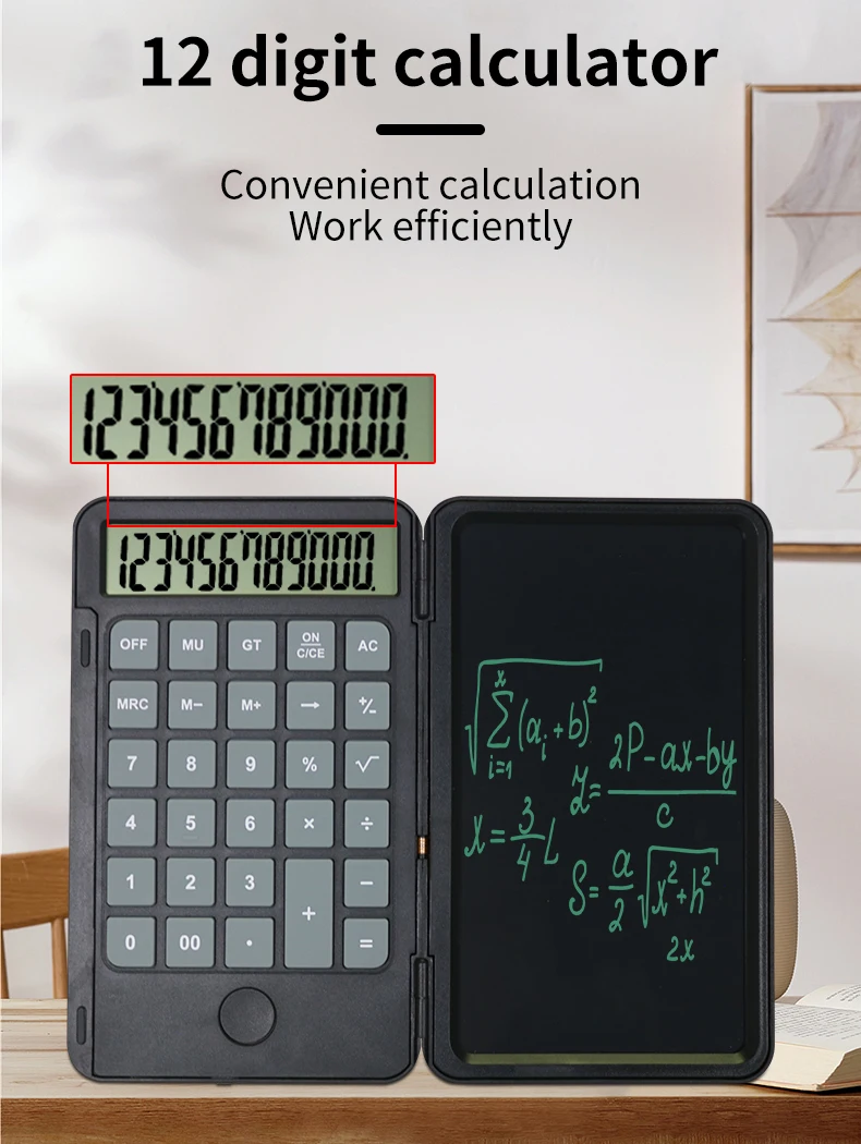 12-Digit Calculator With Writing Tablet Desk Calculator Large Display Basic Office Calculators 6'' LCD Writing Board