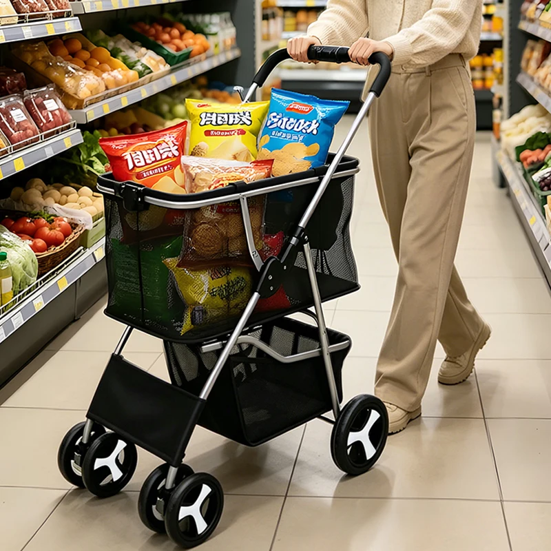 Factory Wholesale 4 Wheels Foldable Pet Stroller Double Layer Mesh Dog Cat Carrier Trolley With Storage Basket