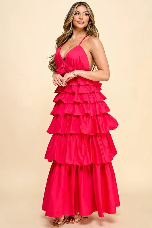 Elegant Ladylike Solid Red Dress V-neck Tiered Ruffles Sweet Style Casual Maxi Length High Waist Women Wear Spring Summer Galas - Image 4