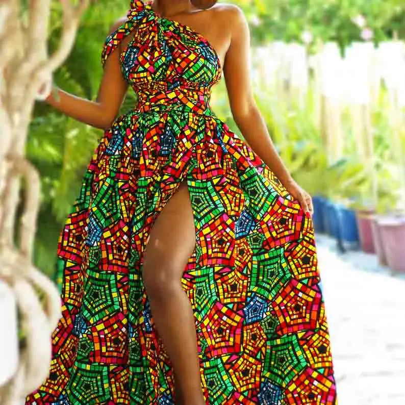 Sexy African Print Sleeveless Evening Dress Ankara Styles Women Dress High  Split Maxi Dress for Party