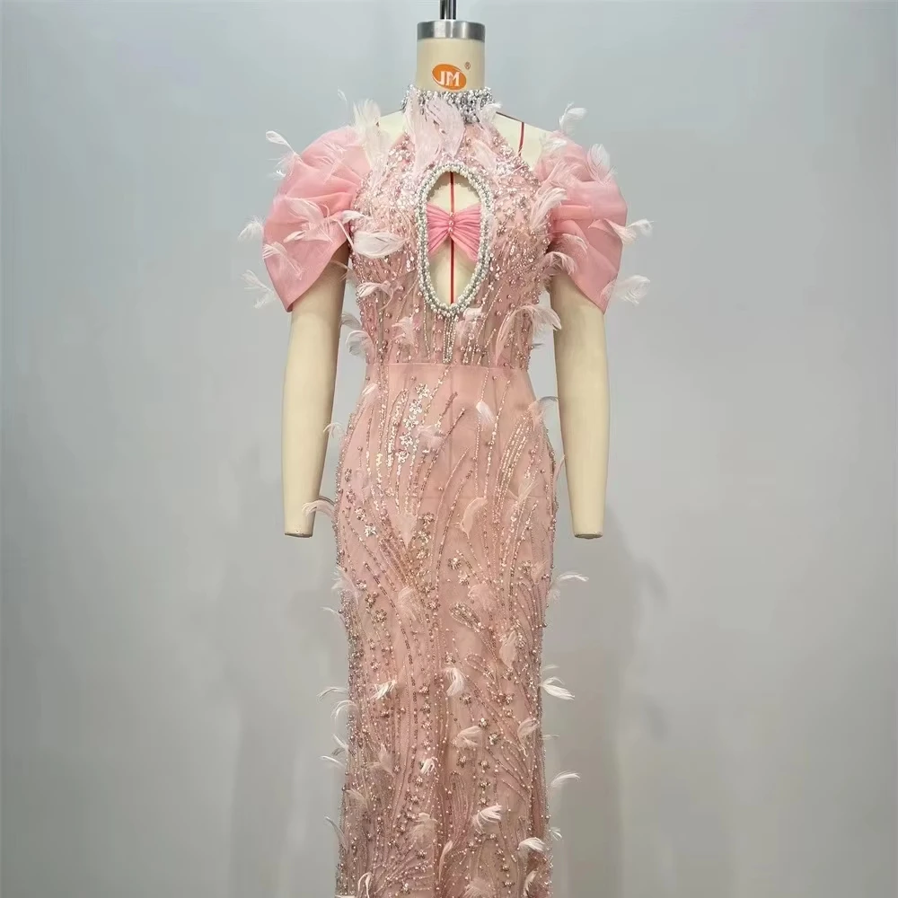 ED2725 Fancy Feather Evening Dress in Pink Elegant Party Dress for Woman  High End Sequin Dress With Pearls| Alibaba.com