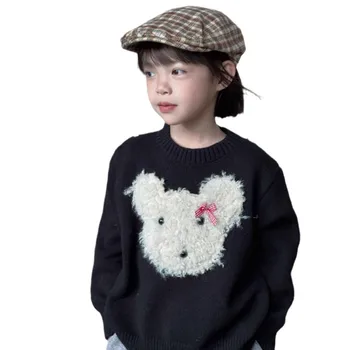 Children's clothes 2024 new Korean style baby sweater sweet bow bear round neck loose pullover sweater girls cute top