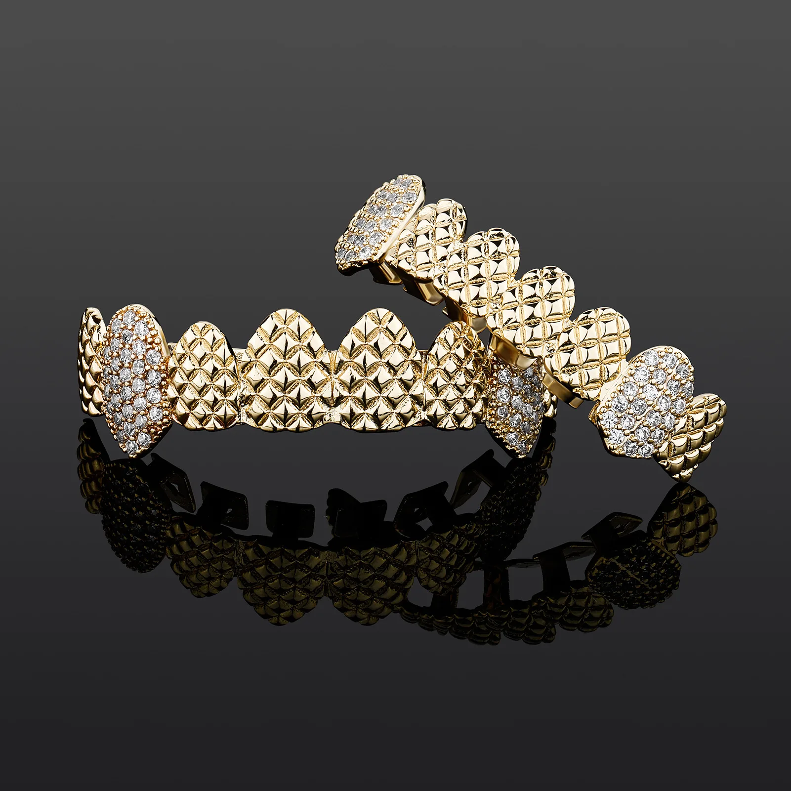 Smooth textured fangs set gold filled zirconium hip hop braces iced out grillz jewelry