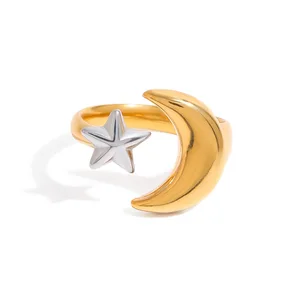 Hot New 18k Gold Plated Stainless Steel Adjustable Star Moon Open Ring Polished Minimalist Fashion Jewelry
