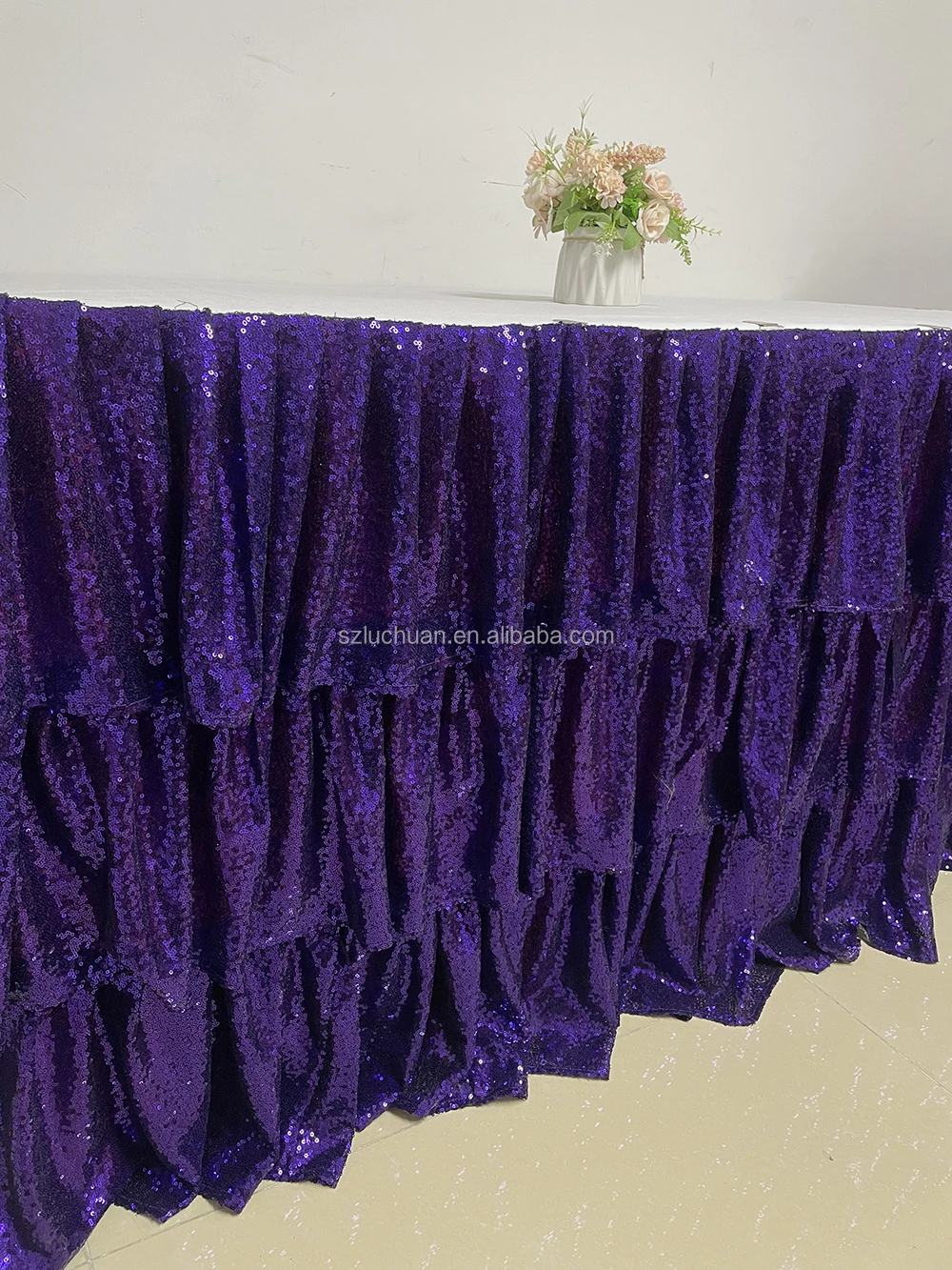 Ruffled Different Designs of Table Skirting for Birthday Purple Sequins Table Skirt for Wedding Decoration