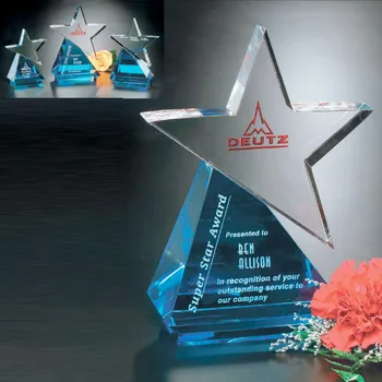 Blue Crystal Glass Trophy Awards Polished Star Shape Plaque with UV Printing Nautical Sports Theme