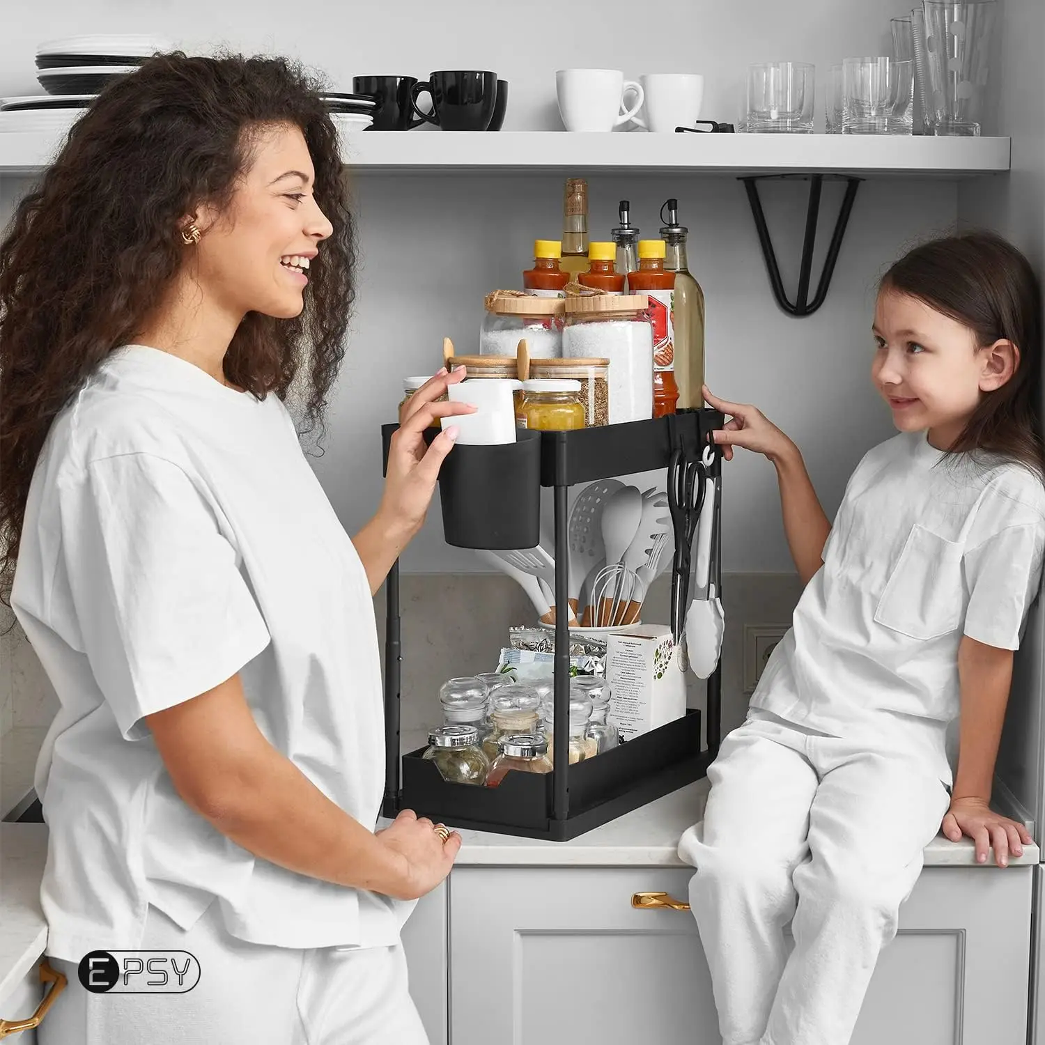 PXRACK 2 Pack Under Sink Organizer,Adjustable Height,2 Tier Pull Out Under Cabinet Organizer,Slide Out Thickened Metal Under Sink Storage For Kitchen