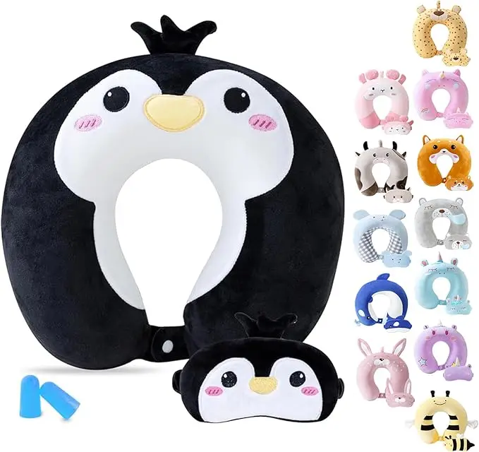 Bantal Leher Perjalanan Lucu dengan Beragam Gaya, Set Bantal Leher Perjalanan + Masker Tidur Bergambar Hewan untuk Penerbangan, Bantal Pendukung Kepala dan Leher untuk Mobil dan Penerbangan Jarak Jauh