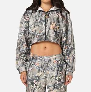 Women's 100% Cotton Camo Hoodie with Zip Front Pullover Custom Embroidered Logo Street Wear Winter Hooded Collar Wholesale