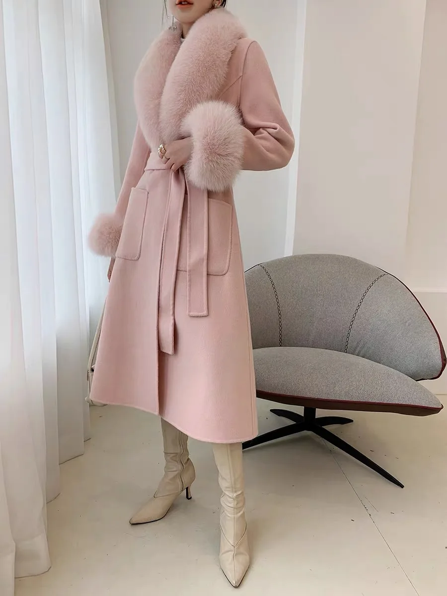 Custom Winter Pink Long Coat Wool Women Big Fox Fur Collar and Cuff Wool  Cashmere Women Coat
