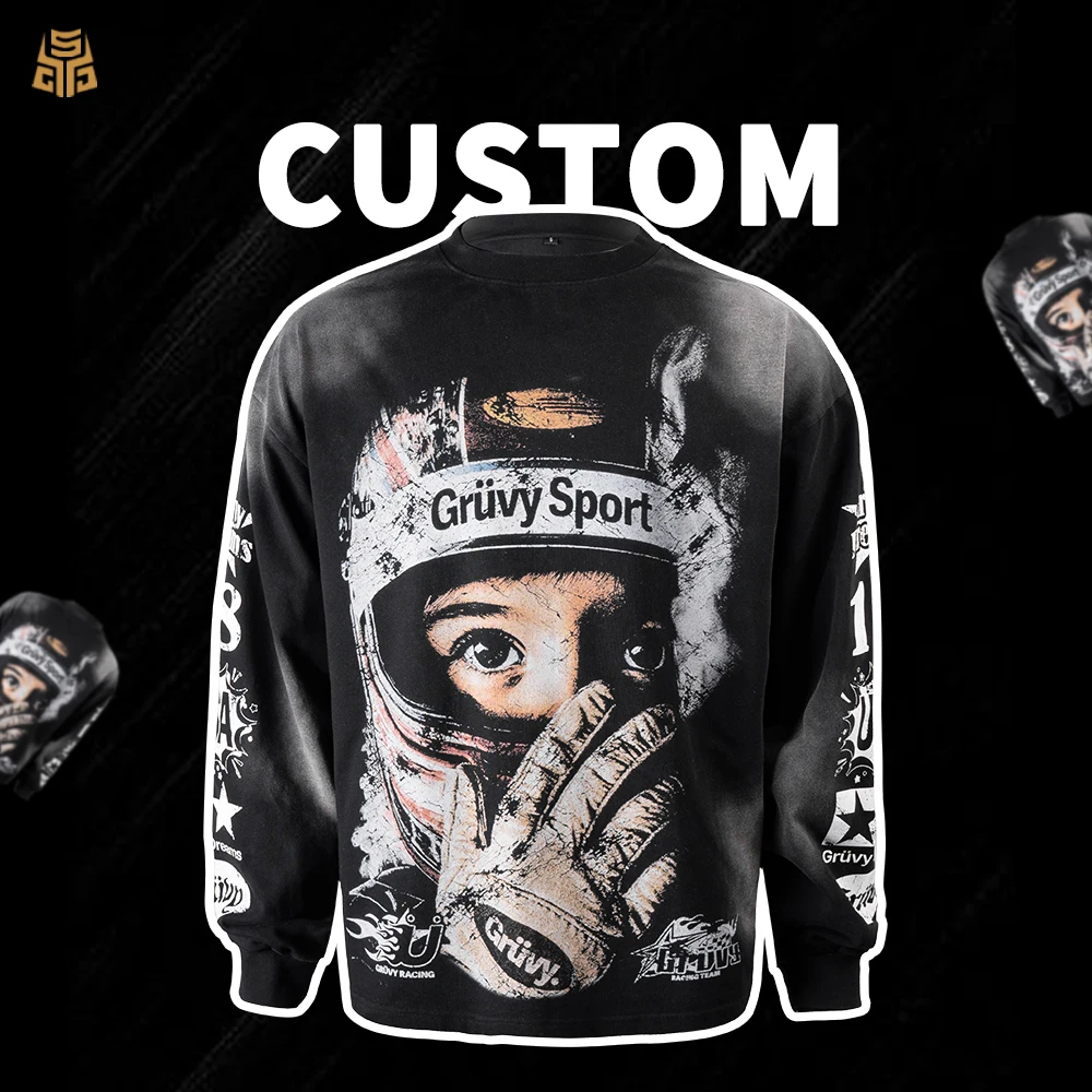 100%Cotton 400gsm Oversized Heavyweigh Sweatshirt for Men Drop Shoulder Custom logo Screen Printing Vintage Acid Wash Sweatshirt