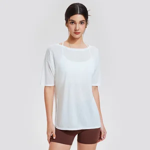 New Women's Loose Sports Blouse Solid Colour See Through Lightweight Running Short Sleeve Quick Dry Yoga T Shirt