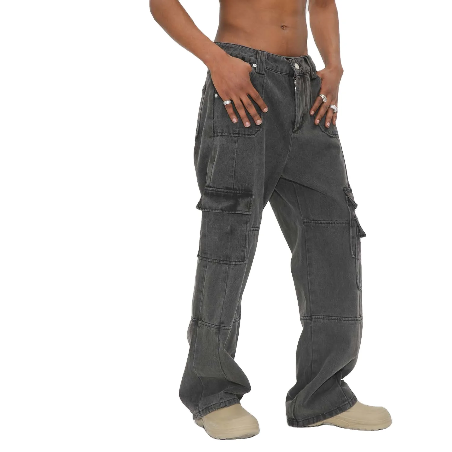 2024 Poches latérales design cargo pour jean gris droit ample gris foncé pour hommes_voghion.com