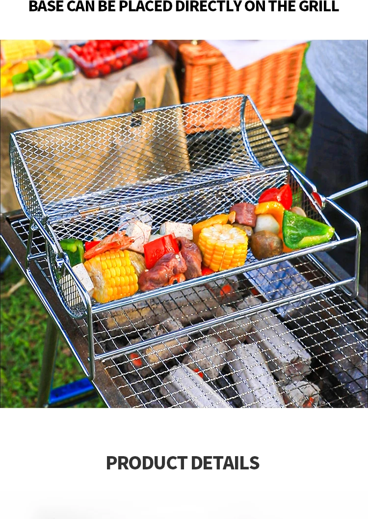 Stainless Steel Rolling Bbq Grill Mesh Basket Grill Rotisserie Basket