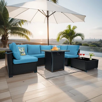 New Arrival modern Large 7-piece Wicker Garden Sofa Outdoor Furniture with Fire Pits for Poolside