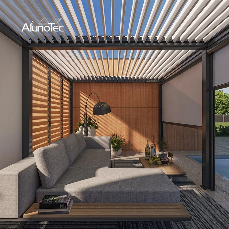 AlunoTec Waterproof Remote Control Bioclimatica System 3x3 3x4 4x3 4x6 Gazebo Motorized Automatic Roof Louvers Aluminium Pergola