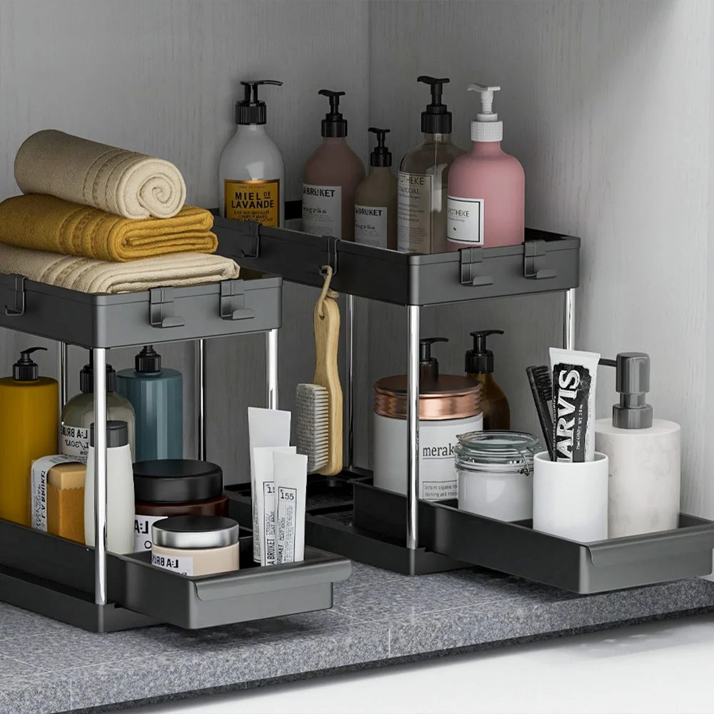 2 Tier Carbon Steel Spice Kitchen Rack Pull Out Sliding Shelf Under Sink Organizer for Kitchen Cabinet Storage Drawer