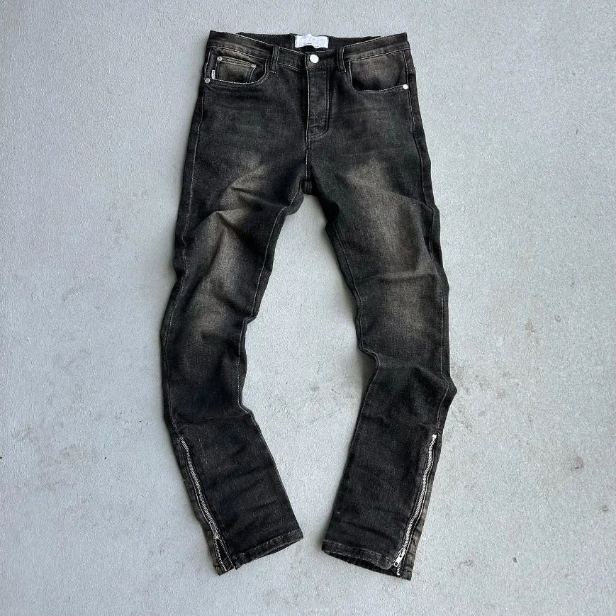 Streetwear Custom Man Vintage Wash Skinny Stacked Zip up Open Bottom Flare Denim Jeans Pants Flared Jeans Men factory