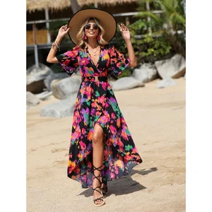 Women Summer Holiday Beach  Waist Floral Long V Neck Short Sleeve Dress Fashion Casual Print Belt Slit Party Dress