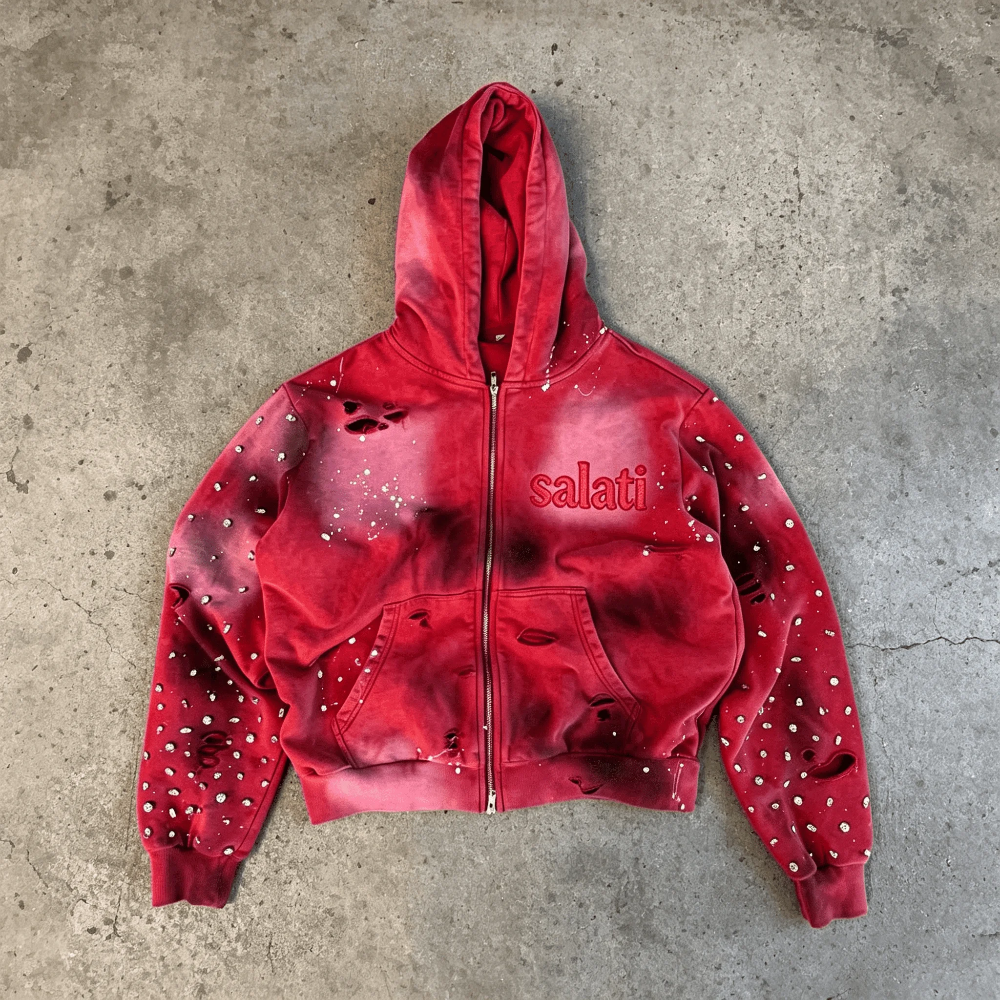 Custom Men Punk Destroyed Vintage Washed Distressed Studded Acid Bleach Splatter Heavyweight Oversized Graphic Zip up Hoodie