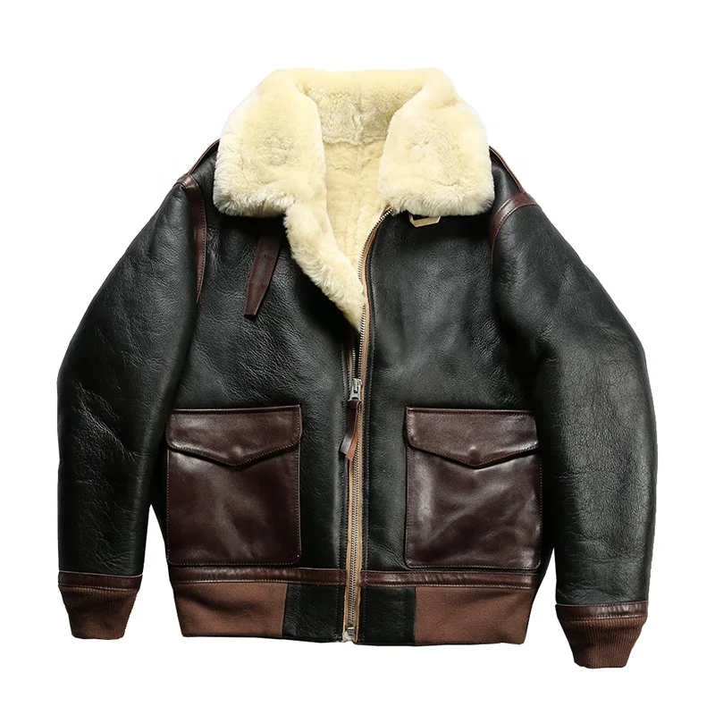 Men's Sheepskin A2 Pilot Jacket - Winter Fur Coat With Lapel_voghion.com